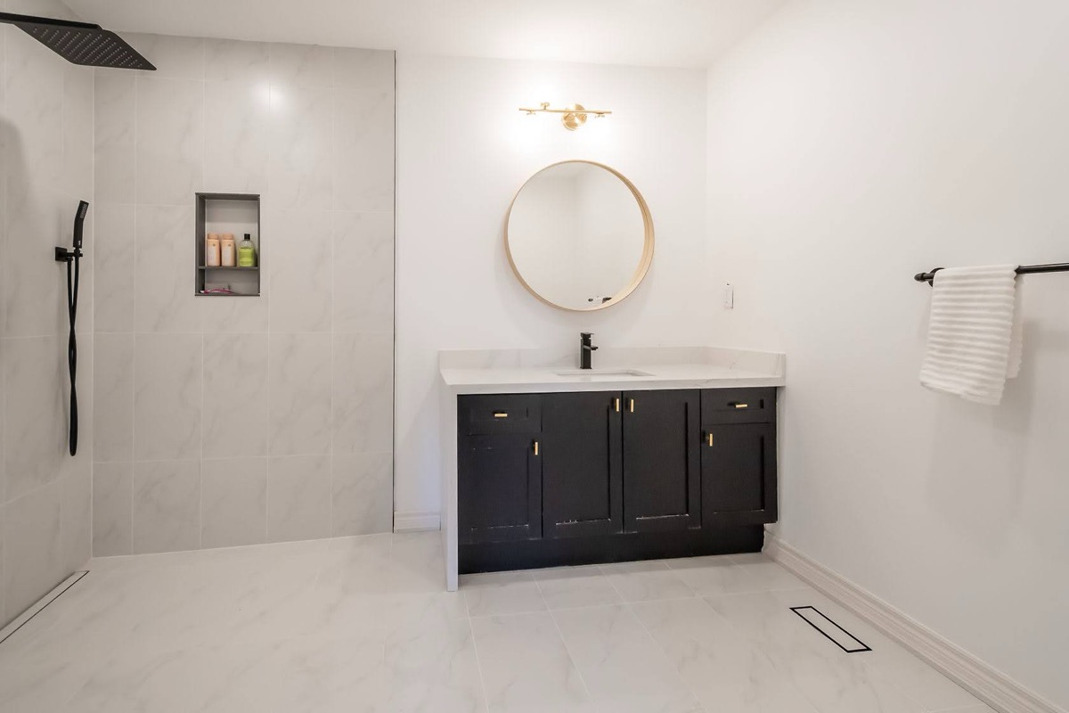 Premium finished bathroom with excellent lighting and material contrast — Stonehenge, Hamilton | MTC Renovations