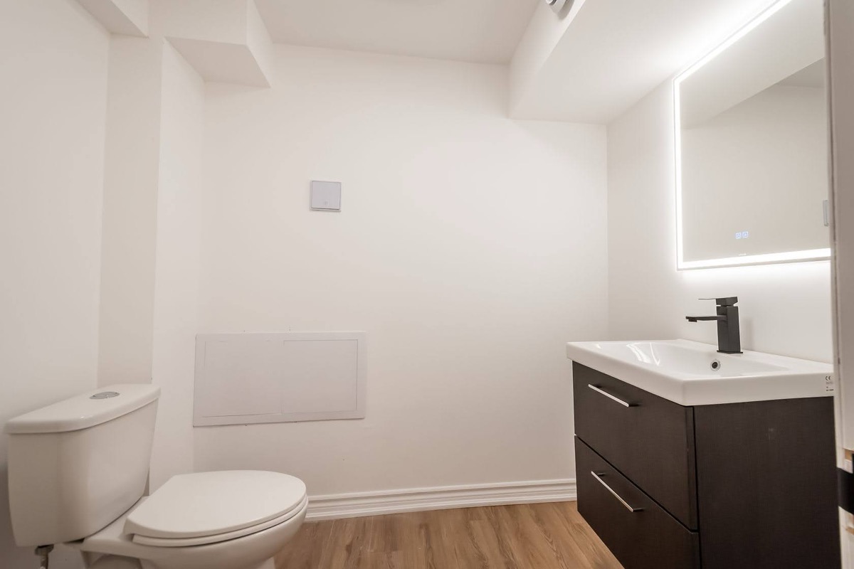 Clean modern bathroom with LED mirror and wood-look flooring — strong portfolio piece for virtual tours and marketing — Stonehenge, Hamilton | MTC Renovations