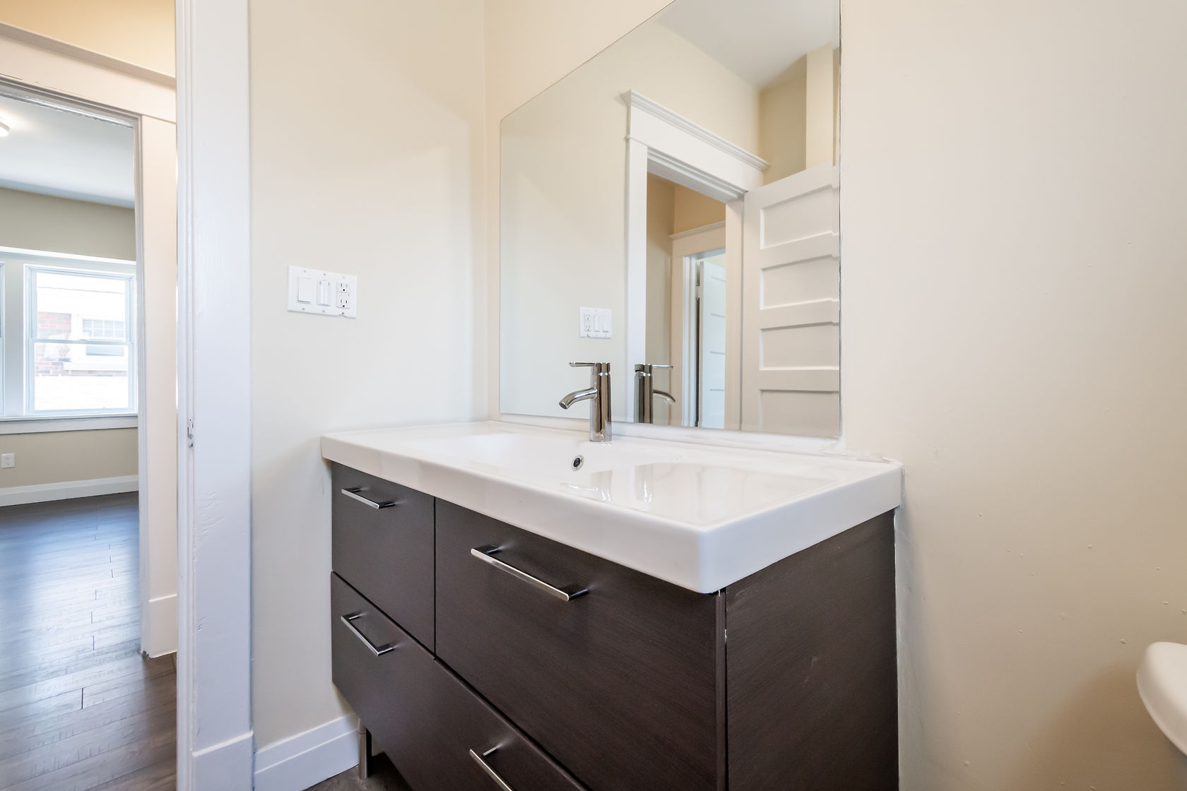 Clean finished bathroom with strong material contrast and bright natural light — excellent portfolio shot — Eastchester, Hamilton | MTC Renovations