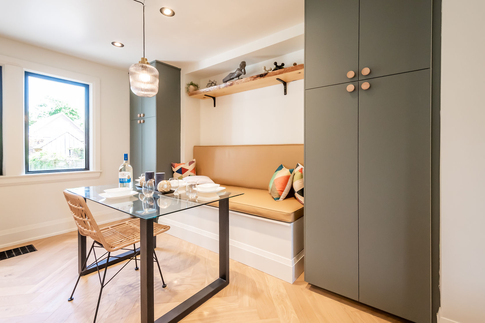 Bright finished breakfast nook with custom built-ins and professional staging — premium portfolio shot — Rosedene, Hamilton | MTC Renovations