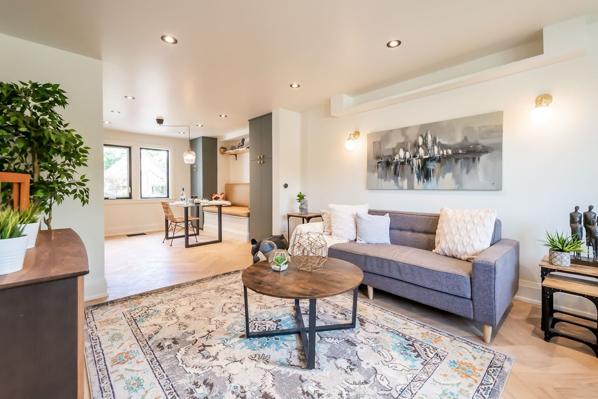 Fresh painted walls and open-concept living room with clean modern finishes — Rosedene, Hamilton | MTC Renovations